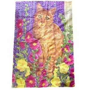 VTG Cottagecore Whimsical Orange Tabby Cat Floral Yard Flag 3 Feet Long